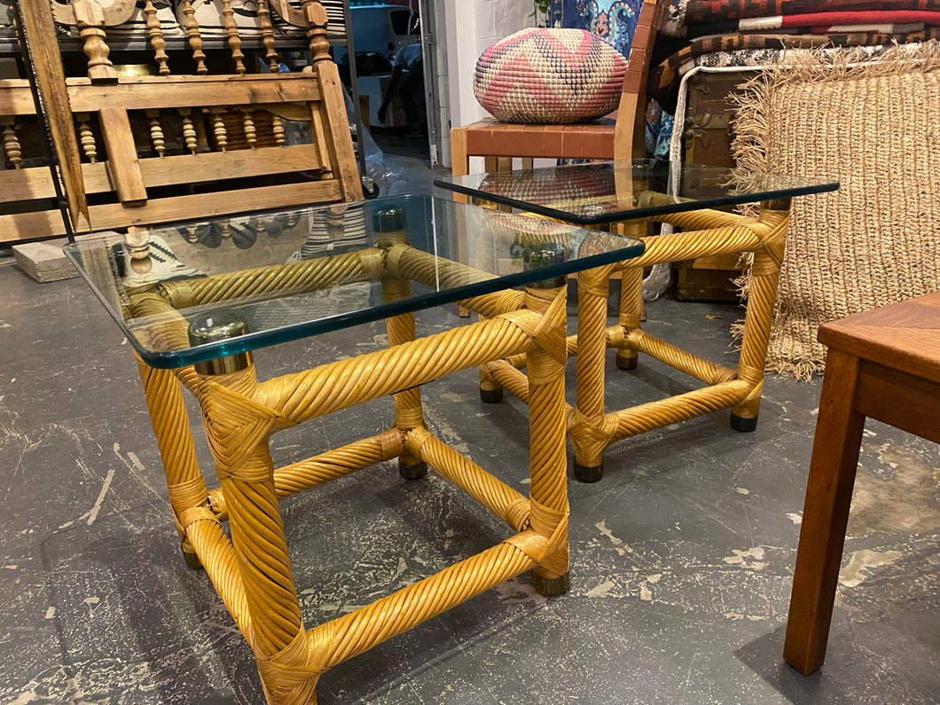 Wicker Glass & Side Tables - Pair